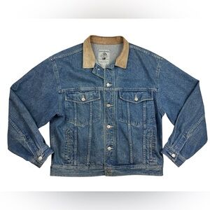 Vintage Banana Republic Men's L Jacket Blue Denim Trucker Leather Collar 90s
